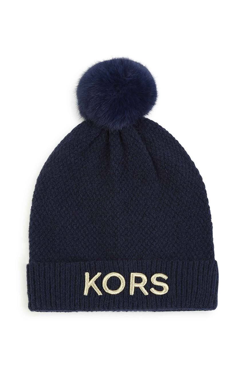 Detská čiapka s prímesou vlny Michael Kors tmavomodrá farba biela, z tenkej pleteniny