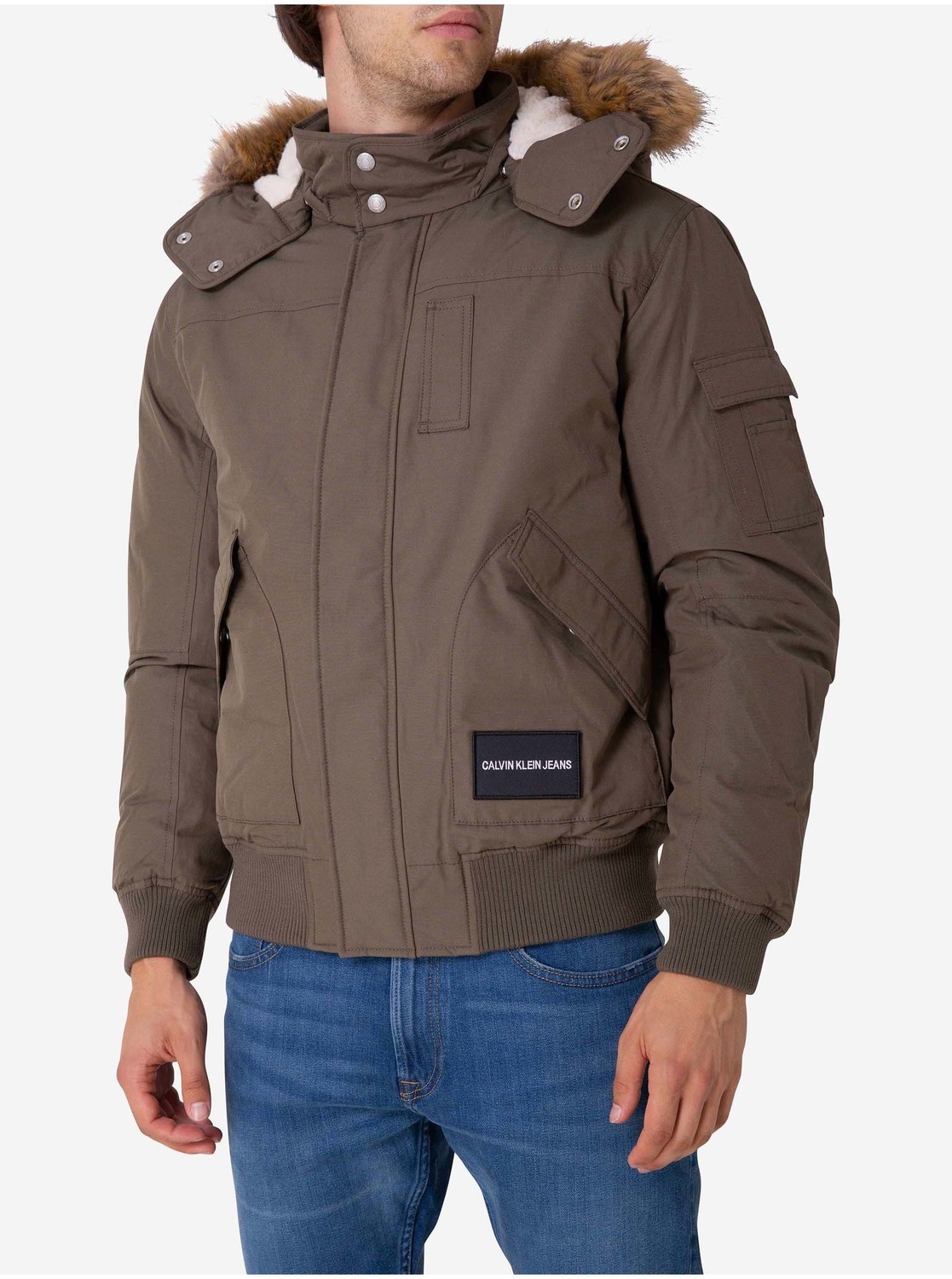 Hnědá pánská zimní bunda s umělým kožíškem Calvin Klein Jeans
