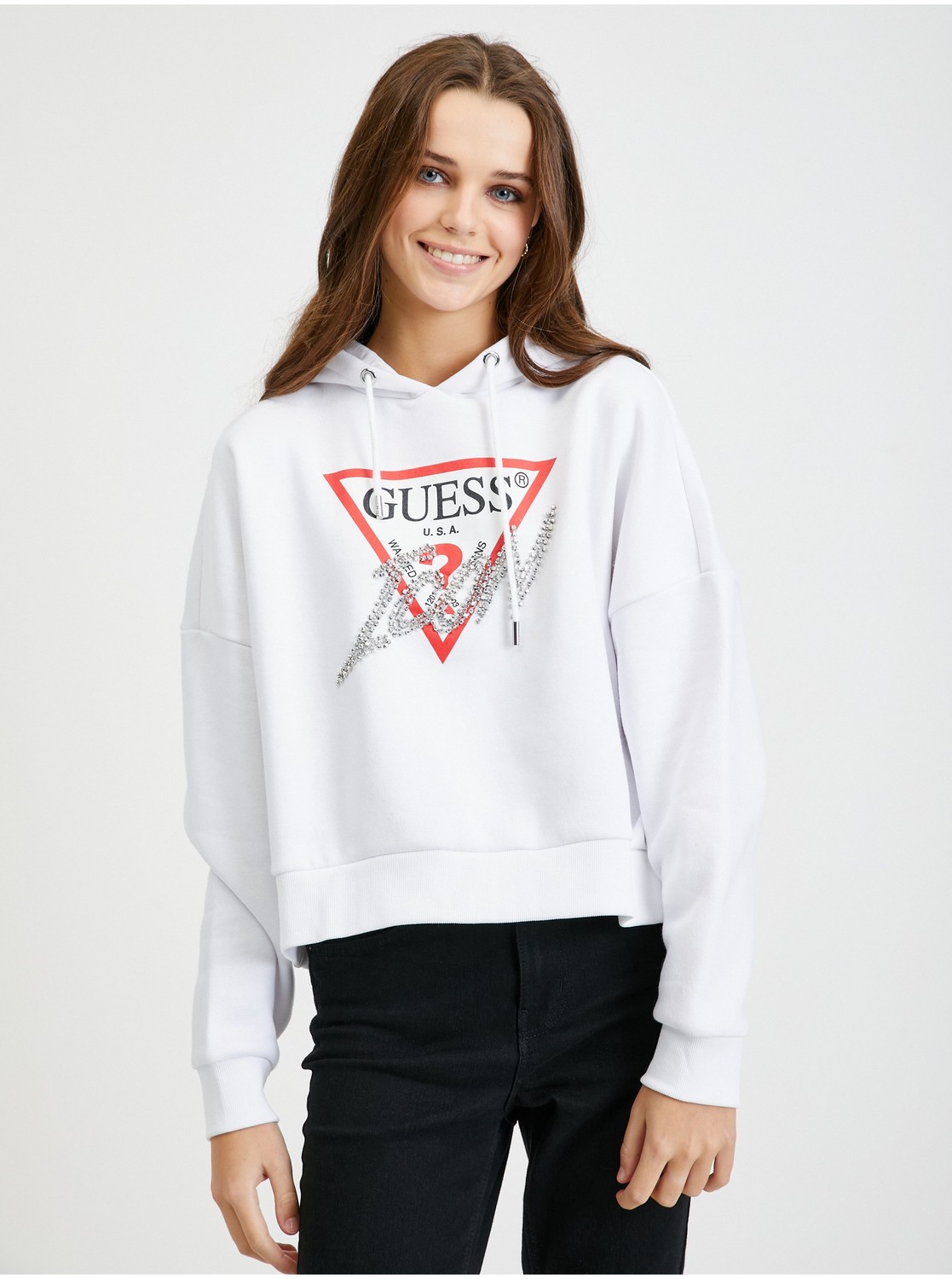 Biela dámska oversize mikina s kapucňou Guess