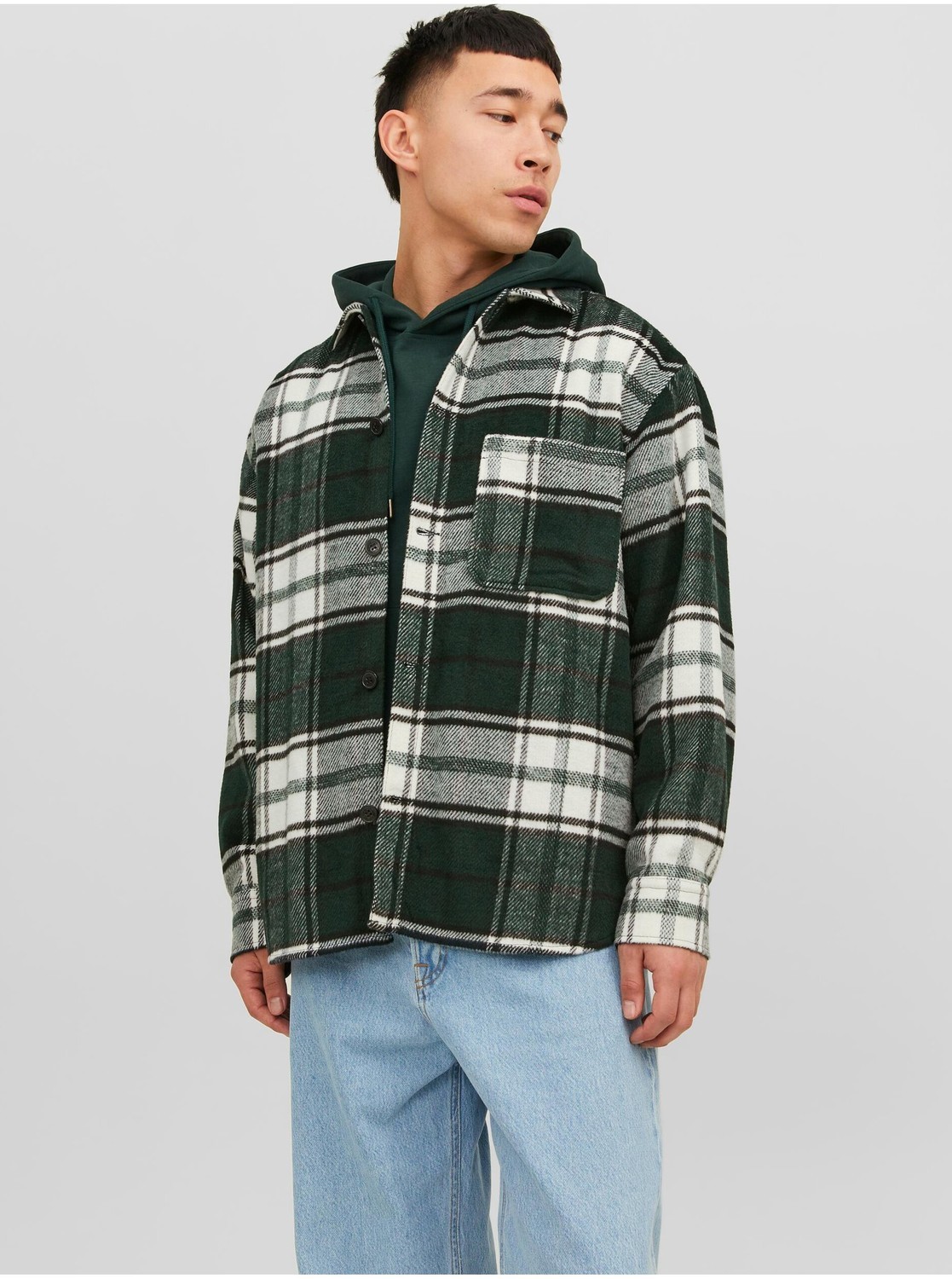 Tmavozelená pánska kockovaná vrchná košeľa Jack & Jones Zac