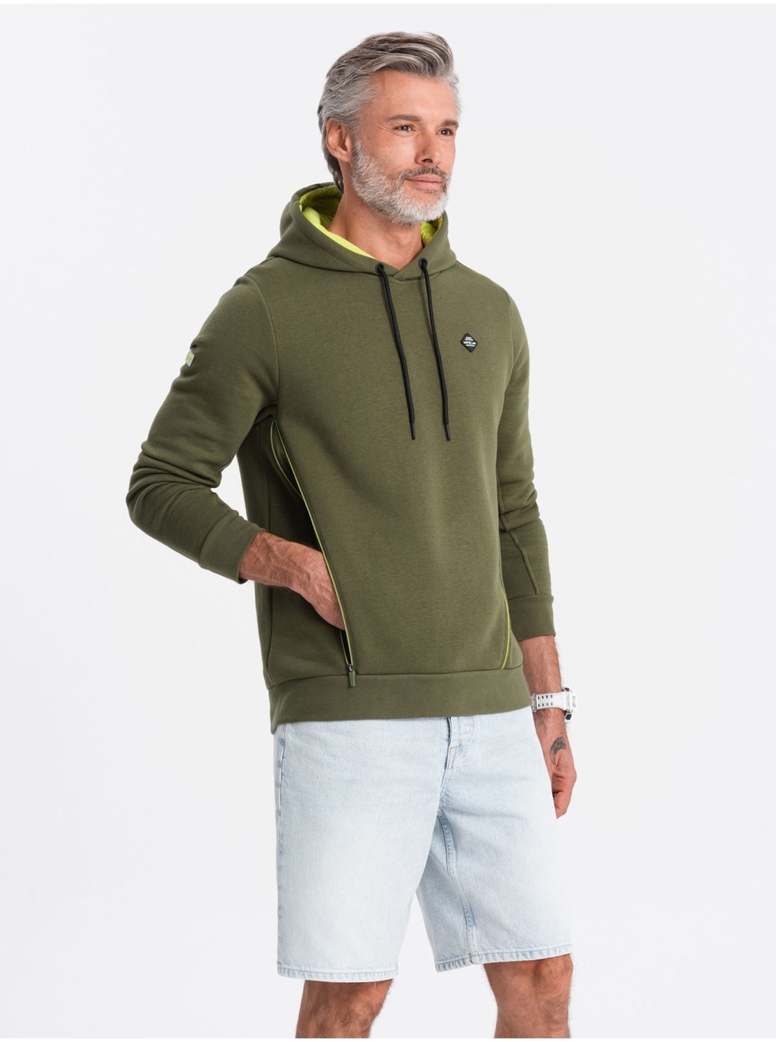 Kaki pánska mikina s kapucňou Ombre Clothing