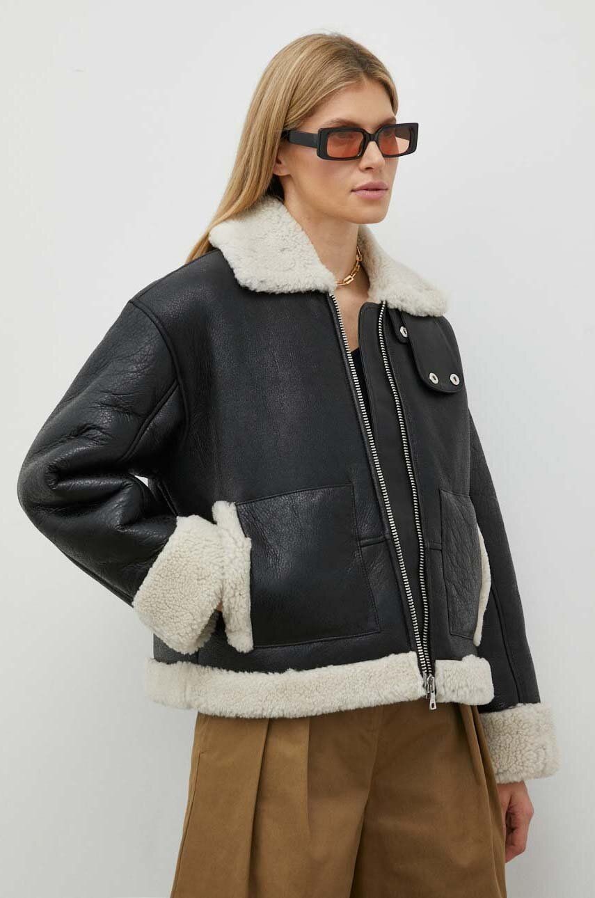 Kožená bunda Won Hundred dámska, čierna farba, prechodná, oversize