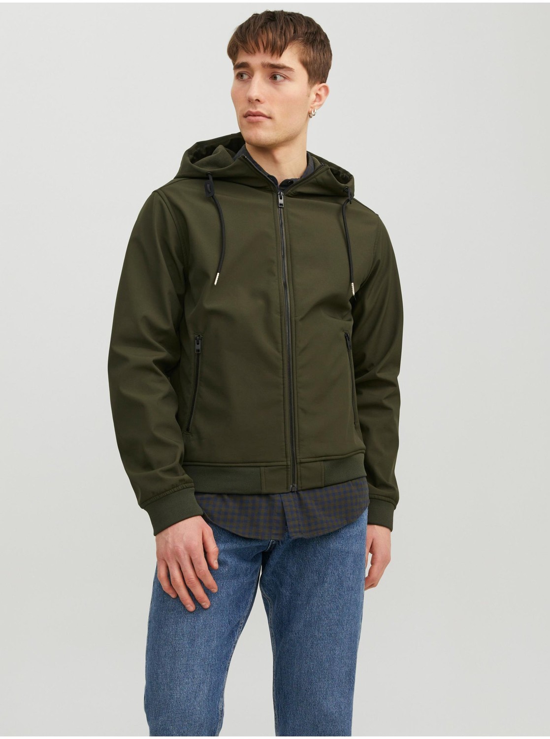 Kaki pánska ľahká softshellová bunda Jack & Jones Basic