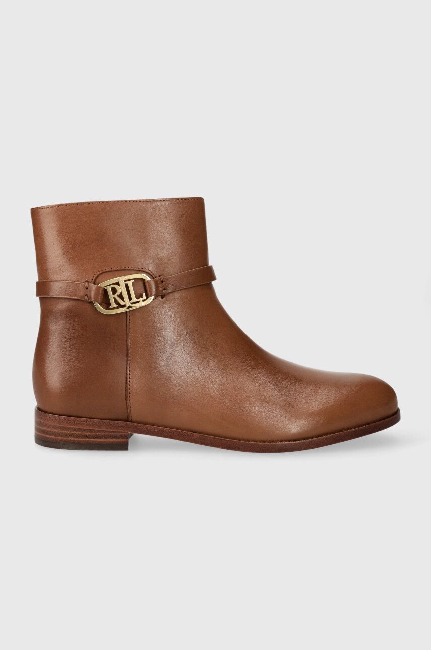 Kožené členkové topánky Lauren Ralph Lauren Briela dámske, hnedá farba, na plochom podpätku, 802912273002