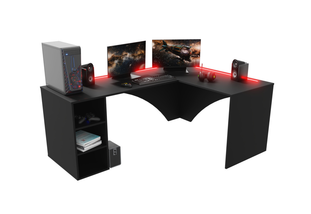 Expedo Počítačový rohový stôl CARAMBOL + LED, 185x74x135, čierna, pravá