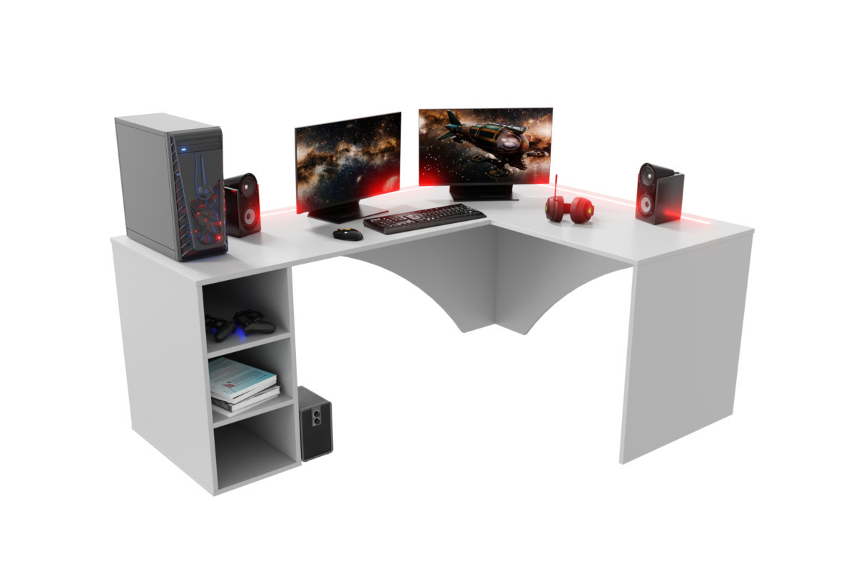 Expedo Počítačový rohový stôl CARAMBOL + LED, 185x74x135, biela, pravá