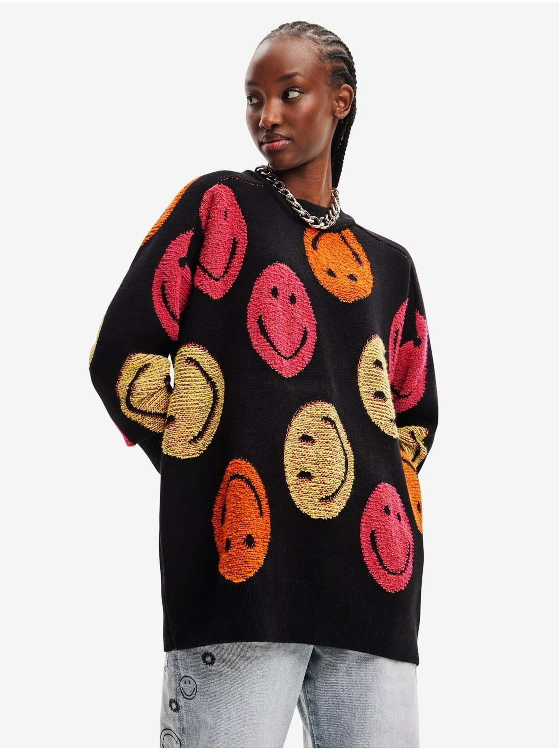 Čierny dámsky vzorovaný oversize sveter Desigual Smiley