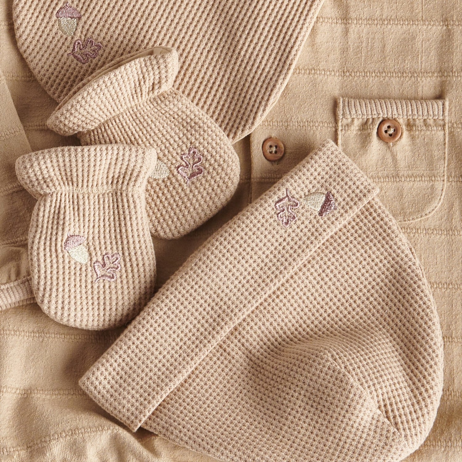 Reserved - Babies` cap, muffler & mittens - Béžová