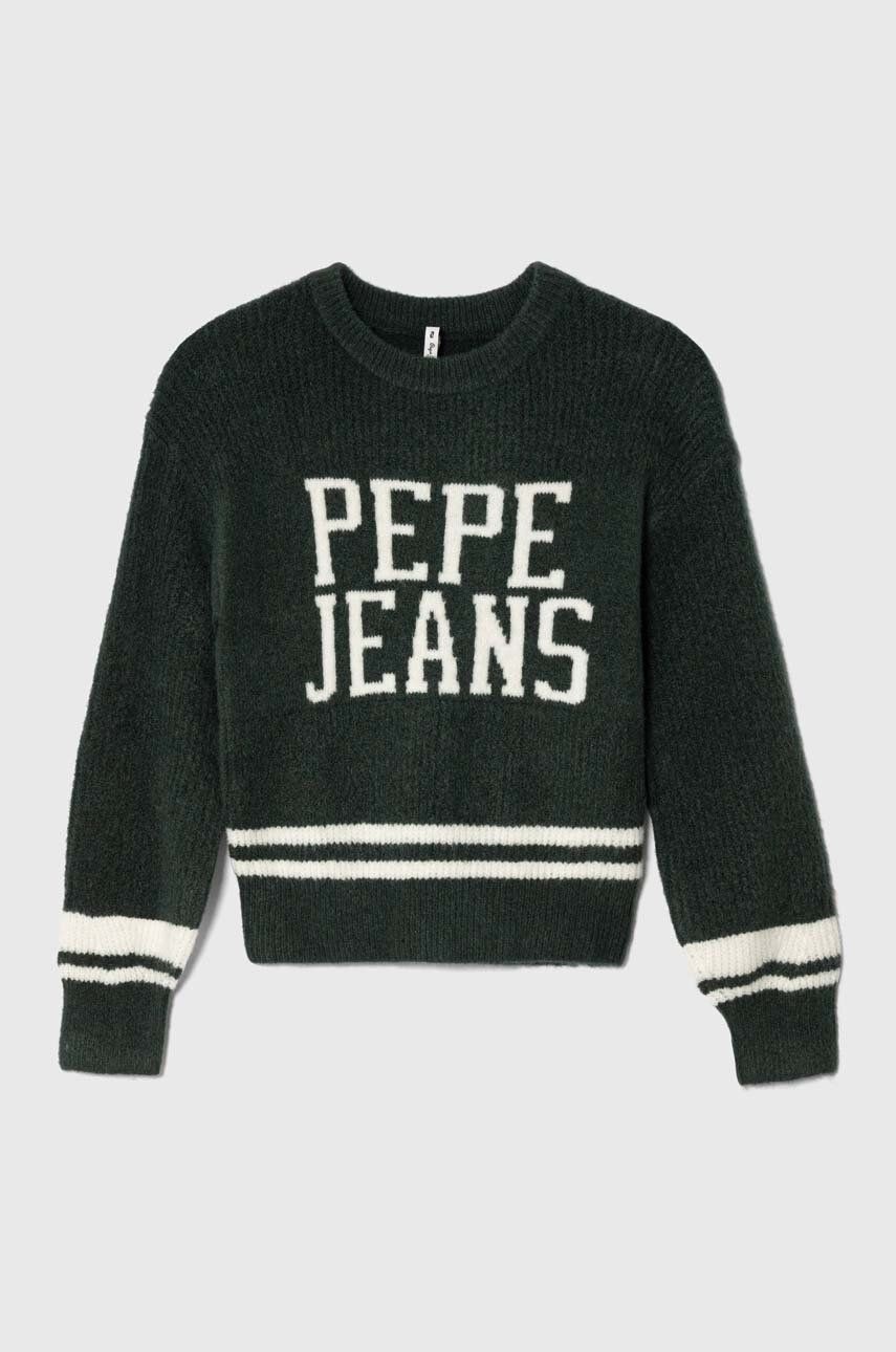 Detský sveter s prímesou vlny Pepe Jeans zelená farba, teplý