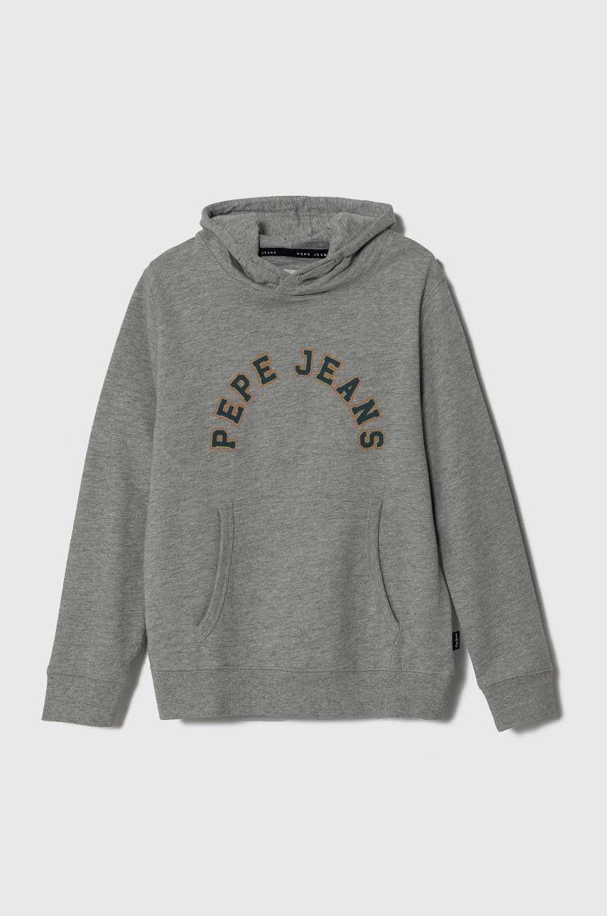 Detská mikina Pepe Jeans šedá farba, s kapucňou, s potlačou