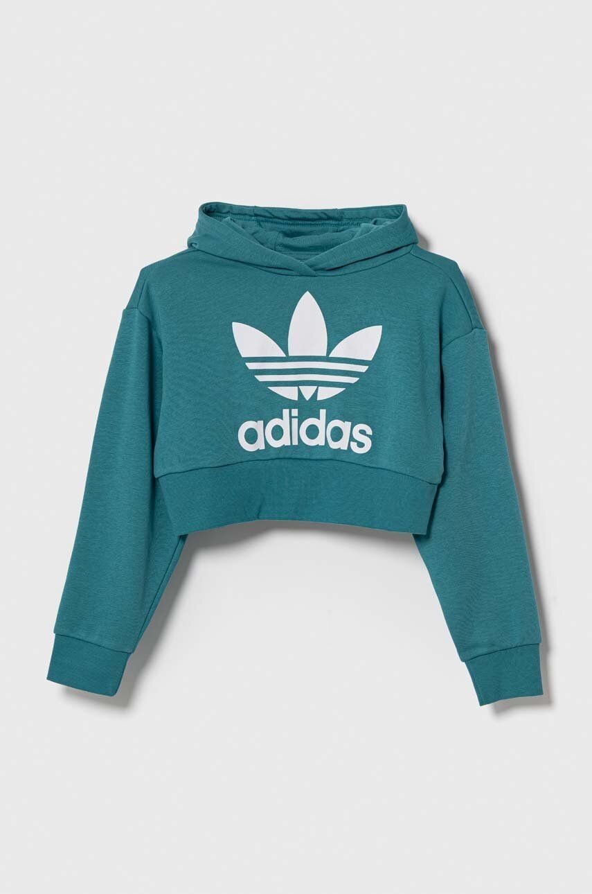 Detská mikina adidas Originals tyrkysová farba, s kapucňou, s potlačou