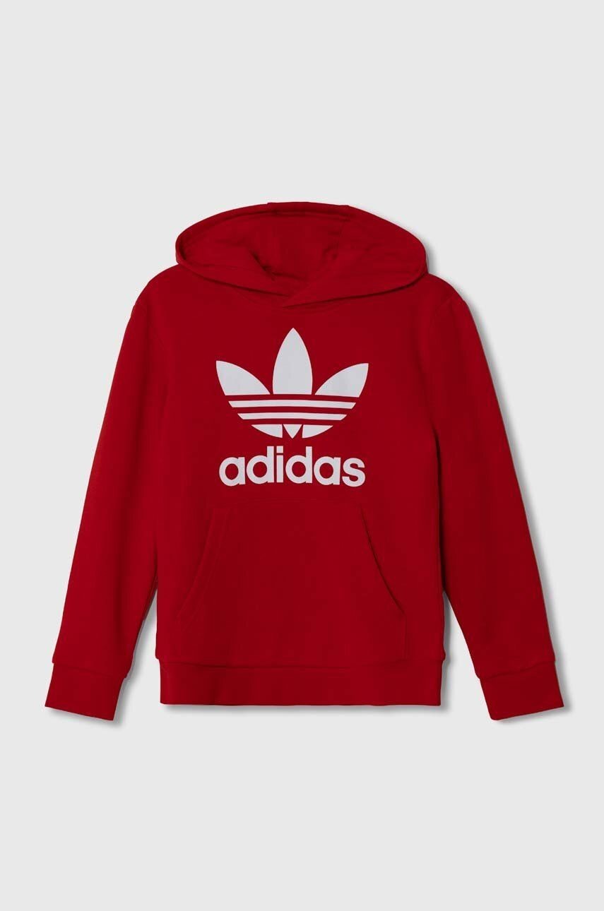 Detská mikina adidas Originals TREFOIL červená farba, s kapucňou, s potlačou