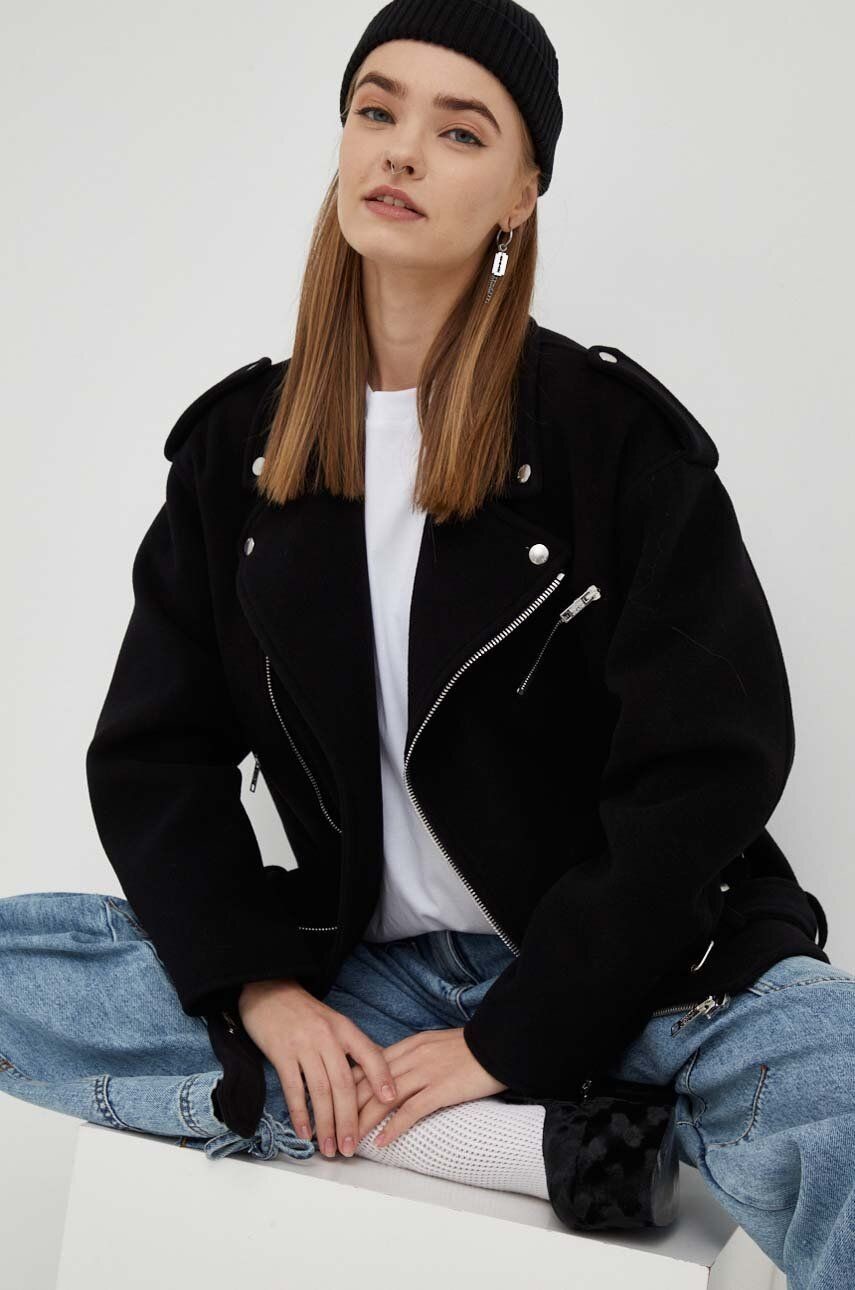 Vlnená bunda Moschino Jeans čierna farba, prechodná