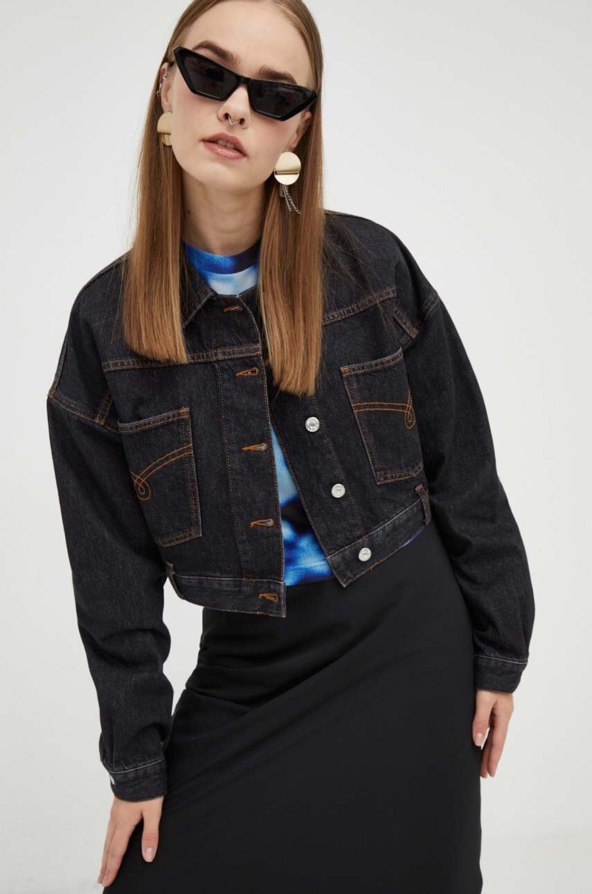Rifľová bunda Moschino Jeans dámska, čierna farba, prechodná, oversize