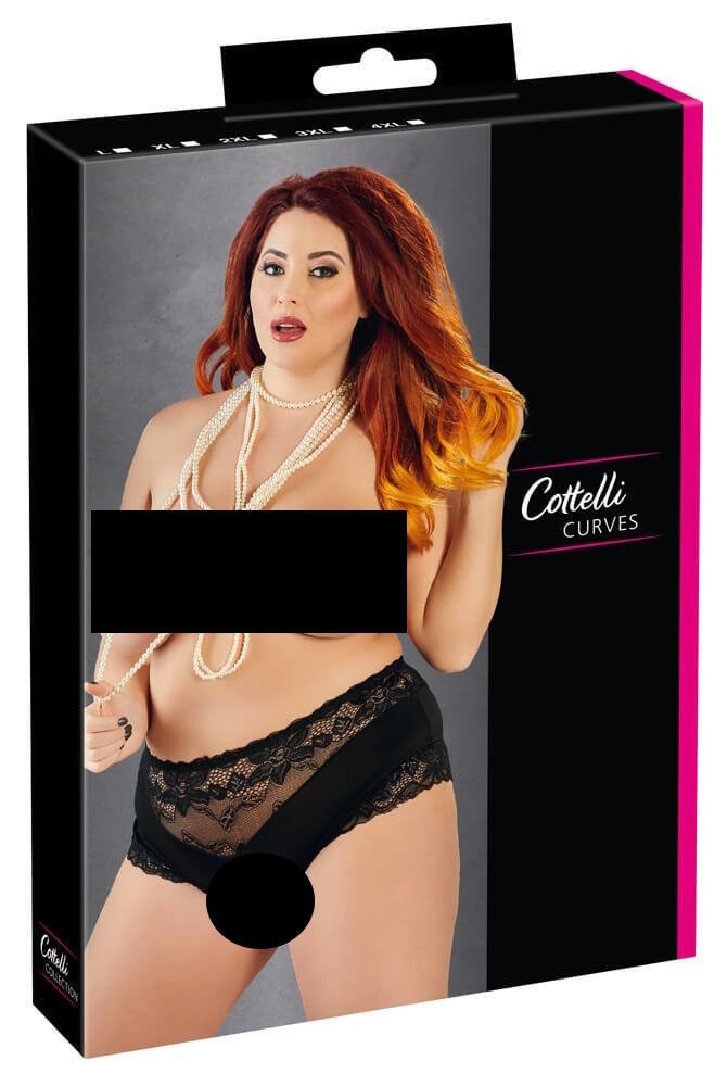Cottelli Plus Size - Čipkovaný otvorený spodný diel (čierny)