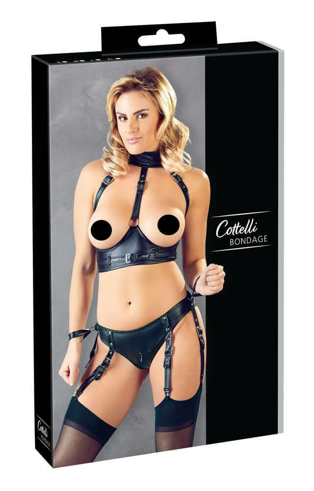 Cottelli Bondage - lesklá otvorená podprsenka s putami (čierna)