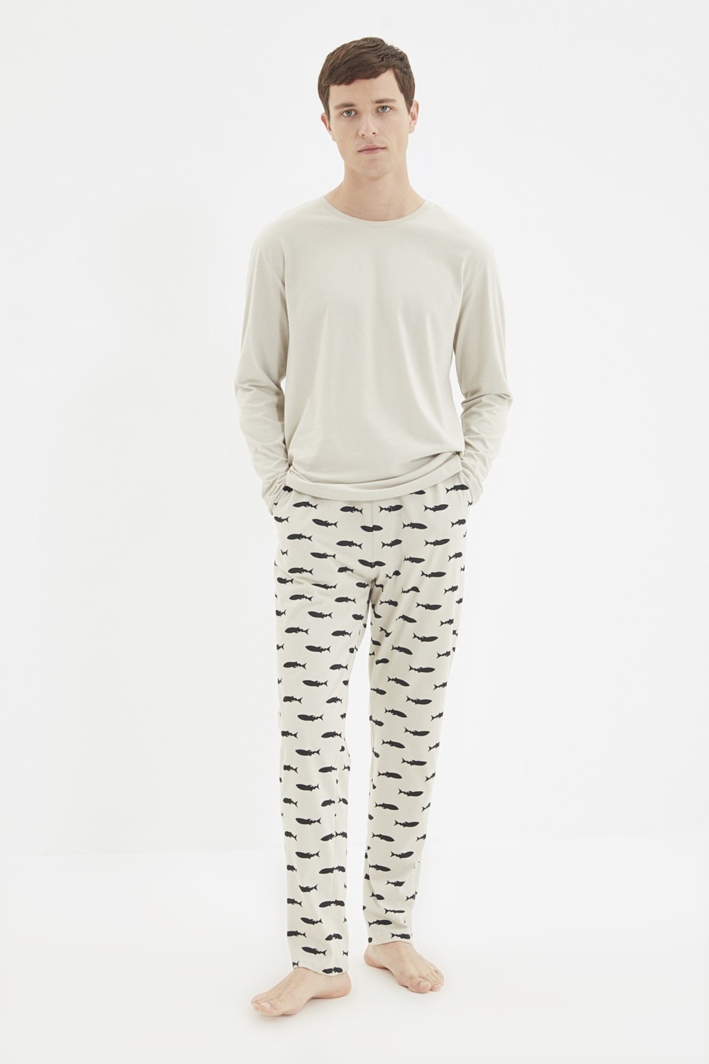 Trendyol Beige Men's Regular Fit Printed Knitted Pajamas Set