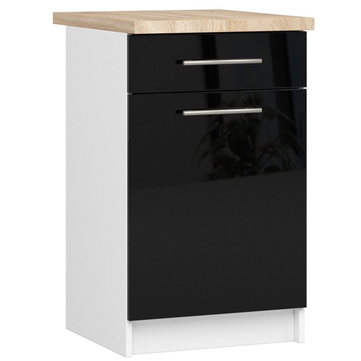Kuchyňská skříňka Olivie S 50 cm 1D 1S bílá/černý lesk/dub sonoma
