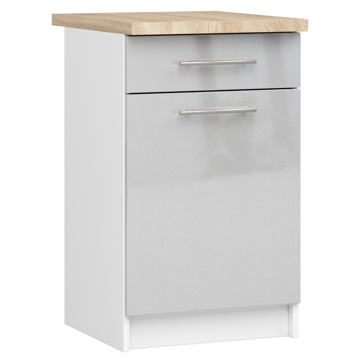 Kuchyňská skříňka Olivie S 50 cm 1D 1S bílá/metalický lesk/dub sonoma