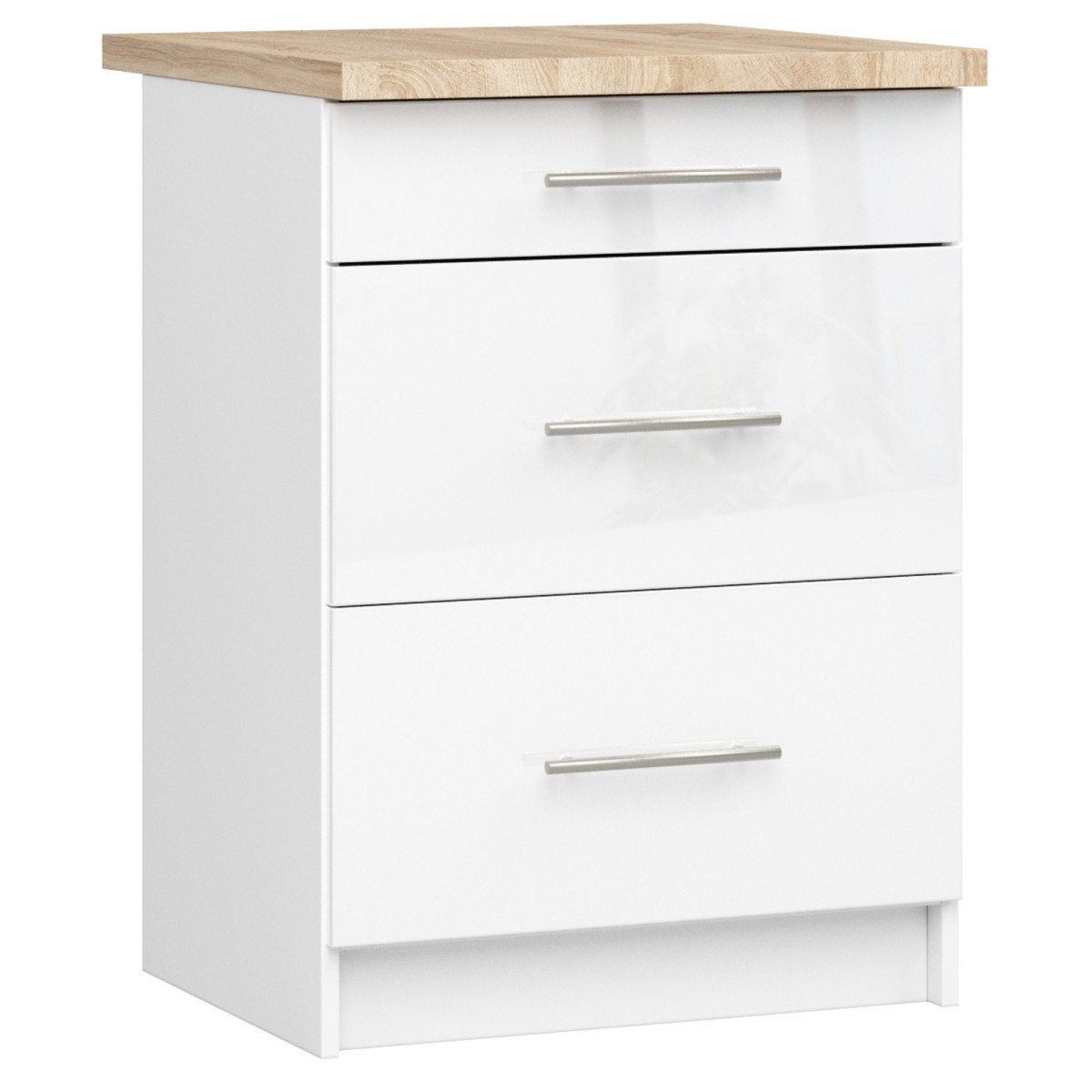 Kuchyňská skříňka Olivie S 60 cm 3S bílá/bílý lesk/dub sonoma