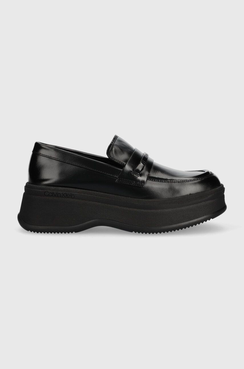 Kožené mokasíny Calvin Klein PITCHED LOAFER W/HW dámske, čierna farba, na platforme, HW0HW01817