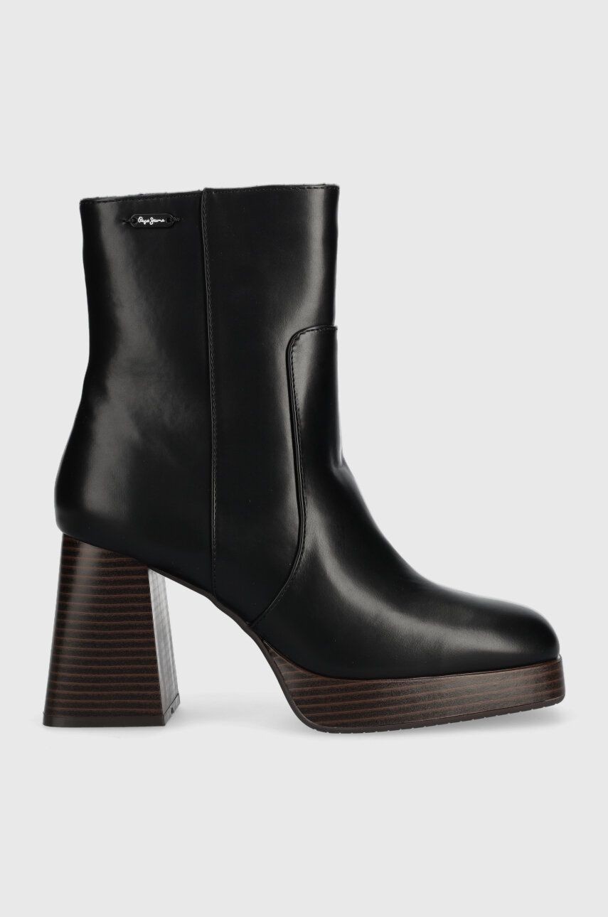 Členkové topánky Pepe Jeans ABBA WOOD dámske, čierna farba, na podpätku, PLS50494