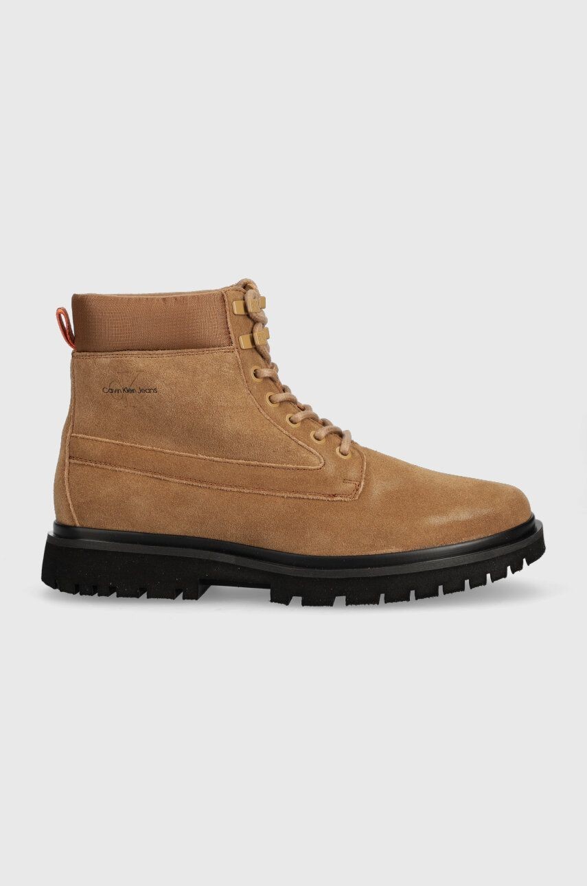 Kožená obuv Calvin Klein Jeans EVA MID LACEUP BOOT SUEDE pánske, hnedá farba, YM0YM00802