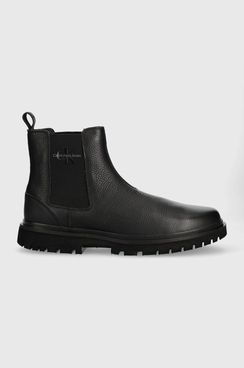 Kožené topánky chelsea Calvin Klein Jeans EVA MID CHELSEA BOOT LTH pánske, čierna farba, YM0YM00750