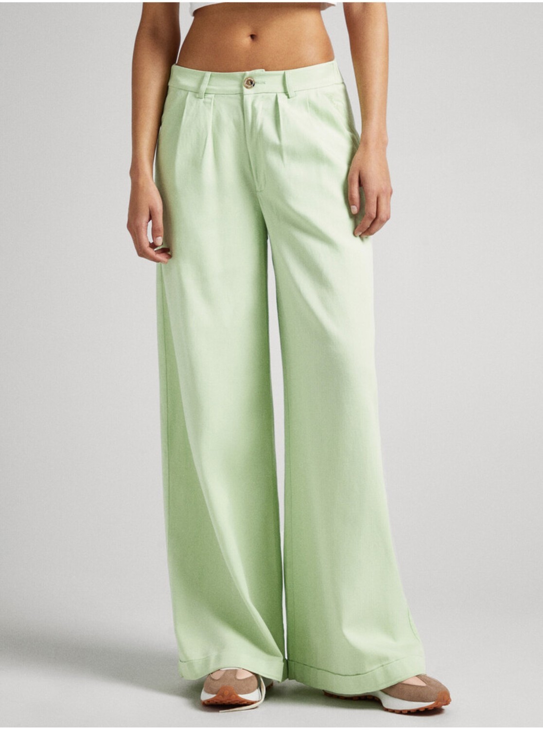Light Green Women's Wide Trousers with Linen Pepe Jeans Mon - Ladies