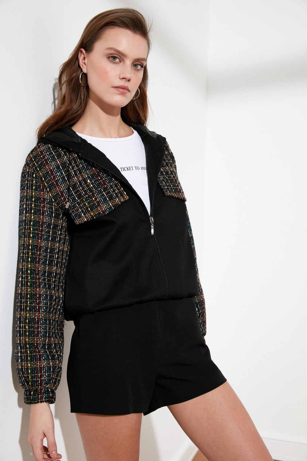 Trendyol Black Hooded Tweed Block Mont