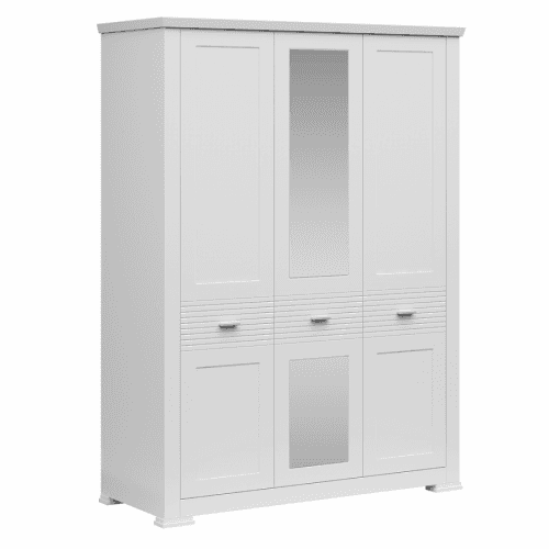 Třídveřová skříň se zrcadlem, bílá, ARYAN 3D