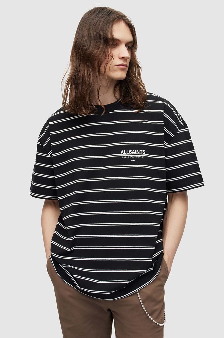 Bavlnené tričko AllSaints UNDERGROUND STRIPE S šedá farba, vzorované