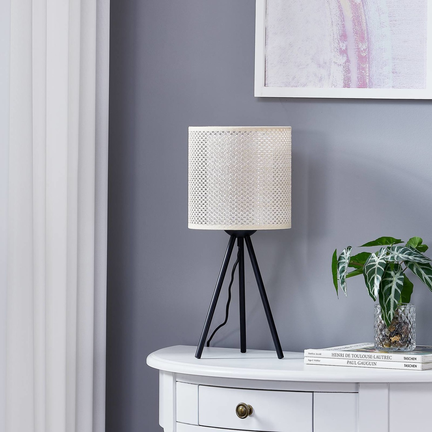 Lindby Soula stolová lampa látka ratan Ø 26 cm