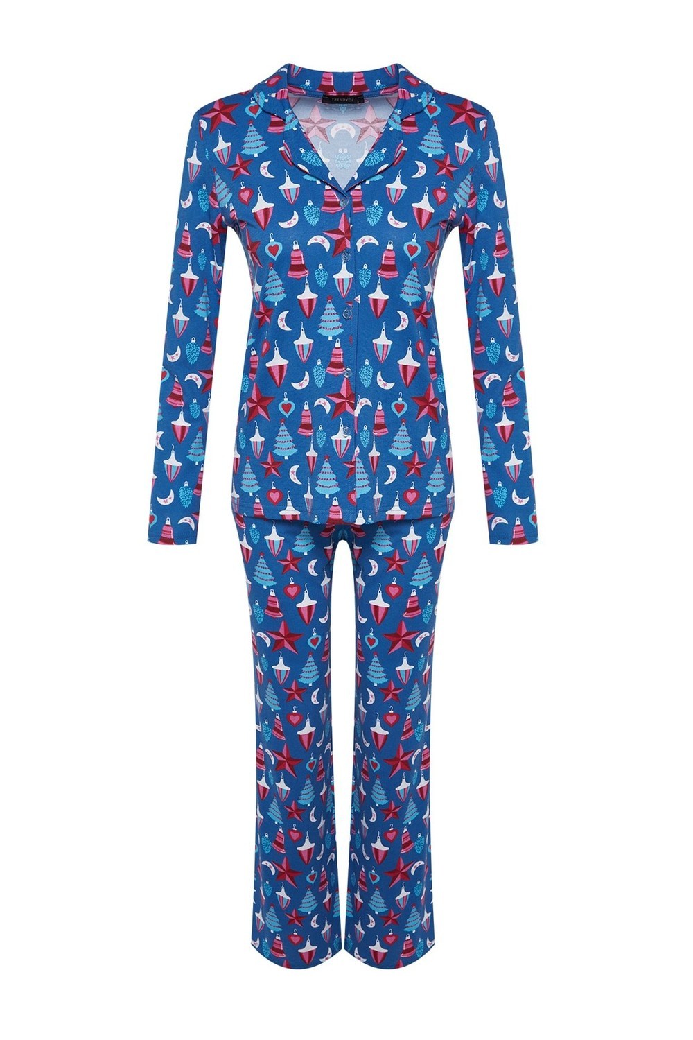 Trendyol Blue Single Jersey Knitted Christmas Theme Shirt-Pants Pajama Set