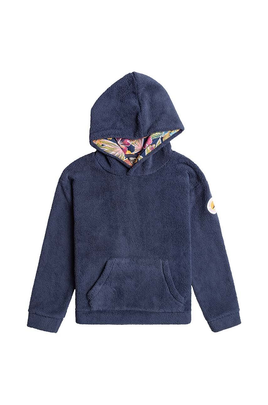 Detská mikina Roxy SOMEONE NEW PLFL tmavomodrá farba, s kapucňou, jednofarebná