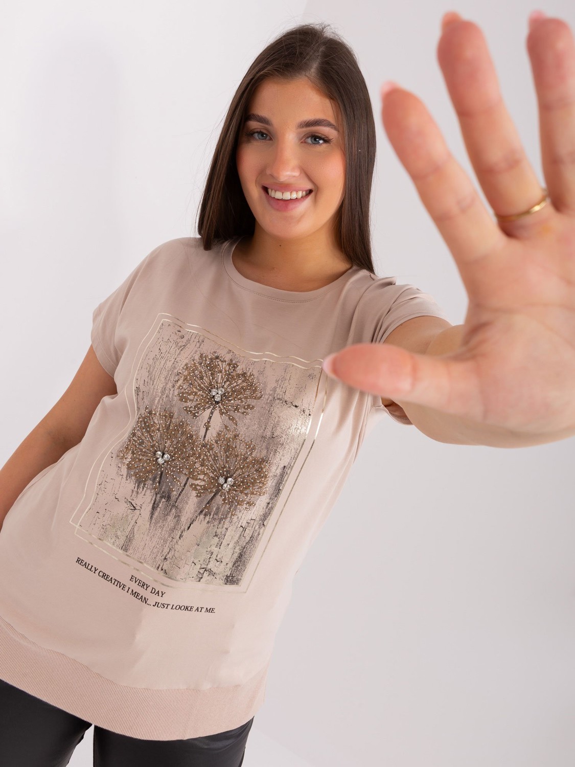Beige cotton blouse of larger size with print