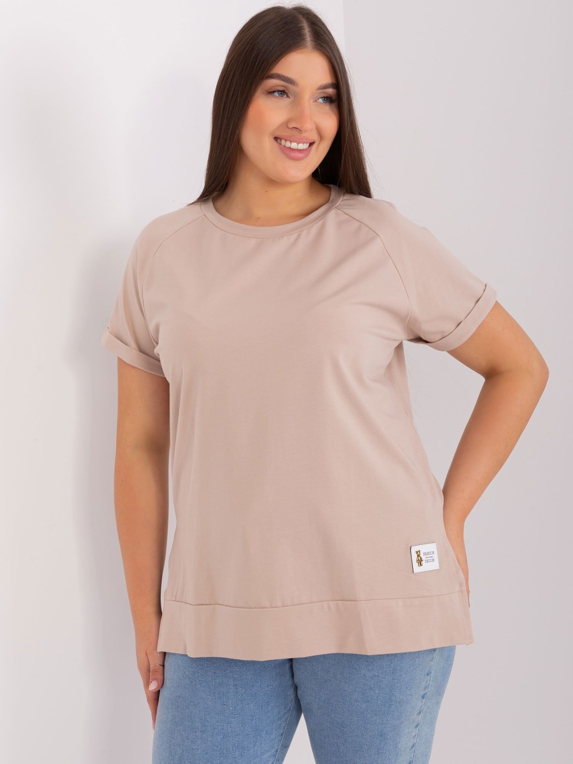 Basic beige blouse with round neckline plus size