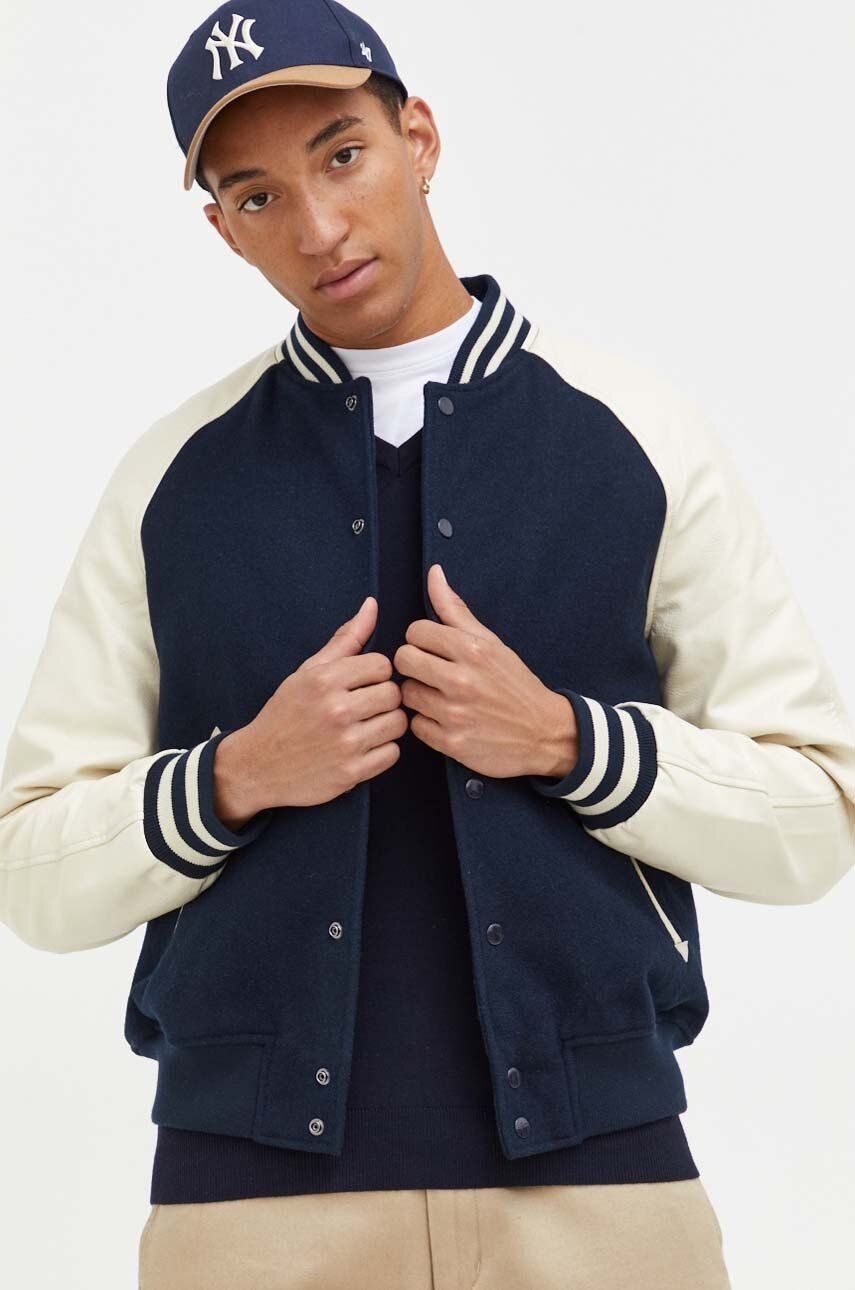 Vlnená bunda bomber Superdry tmavomodrá farba, prechodná