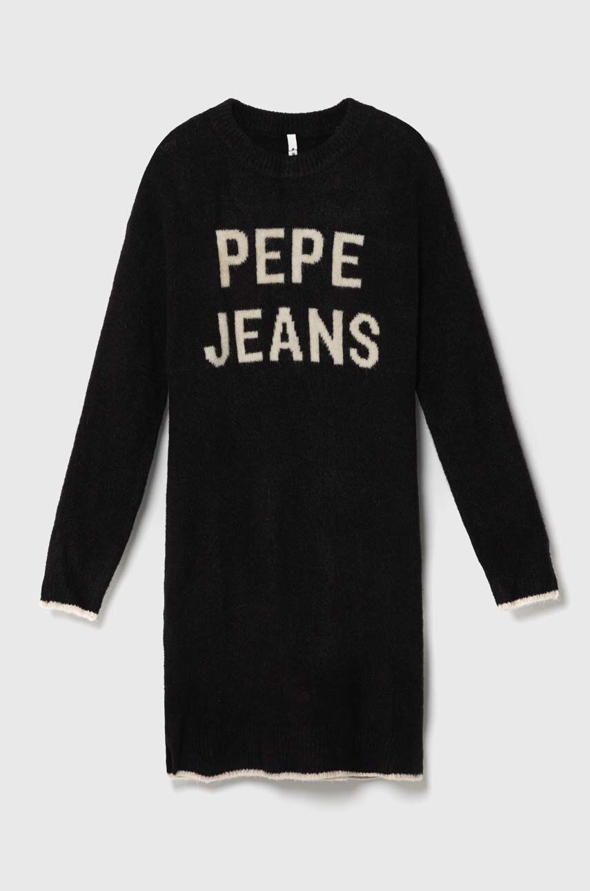 Dievčenské šaty s prímesou vlny Pepe Jeans čierna farba, mini, oversize