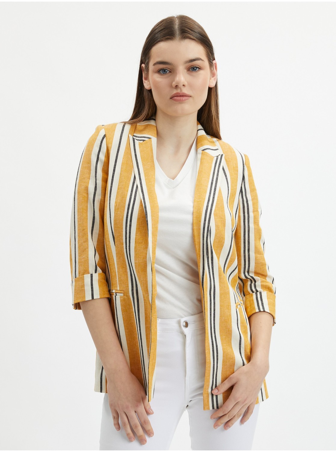 Oranžové dámske pruhované ľanové sako ORSAY