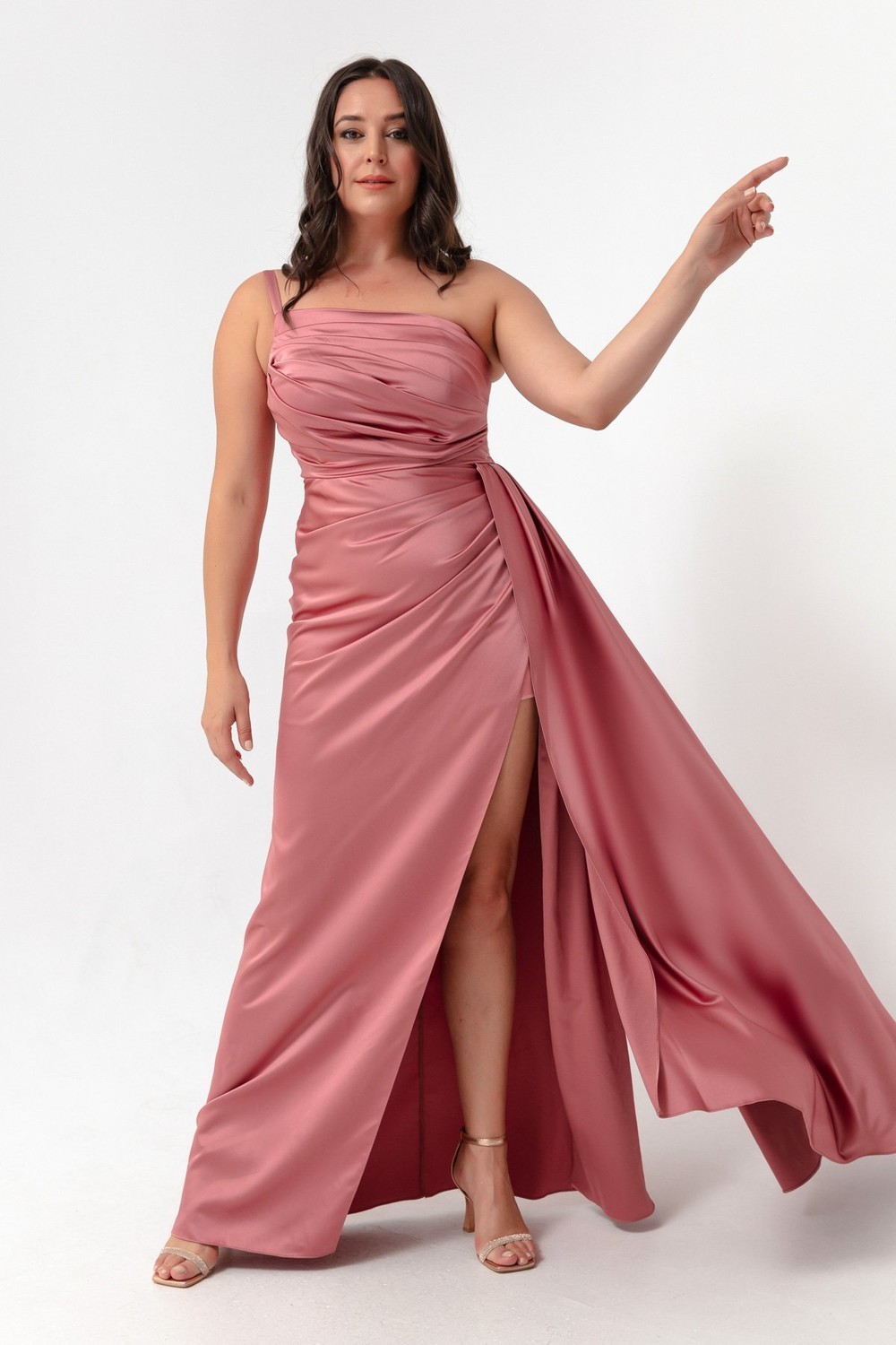 Lafaba Women's Powder One-Shoulder Plus Size Satin Evening Dress & Prom Dress