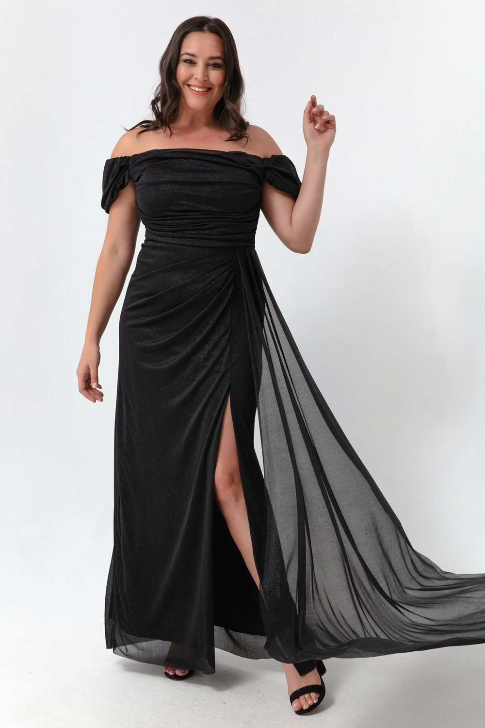 Lafaba Women's Black Boat Collar Draped Long Glittery Evening Dress with a Slit.