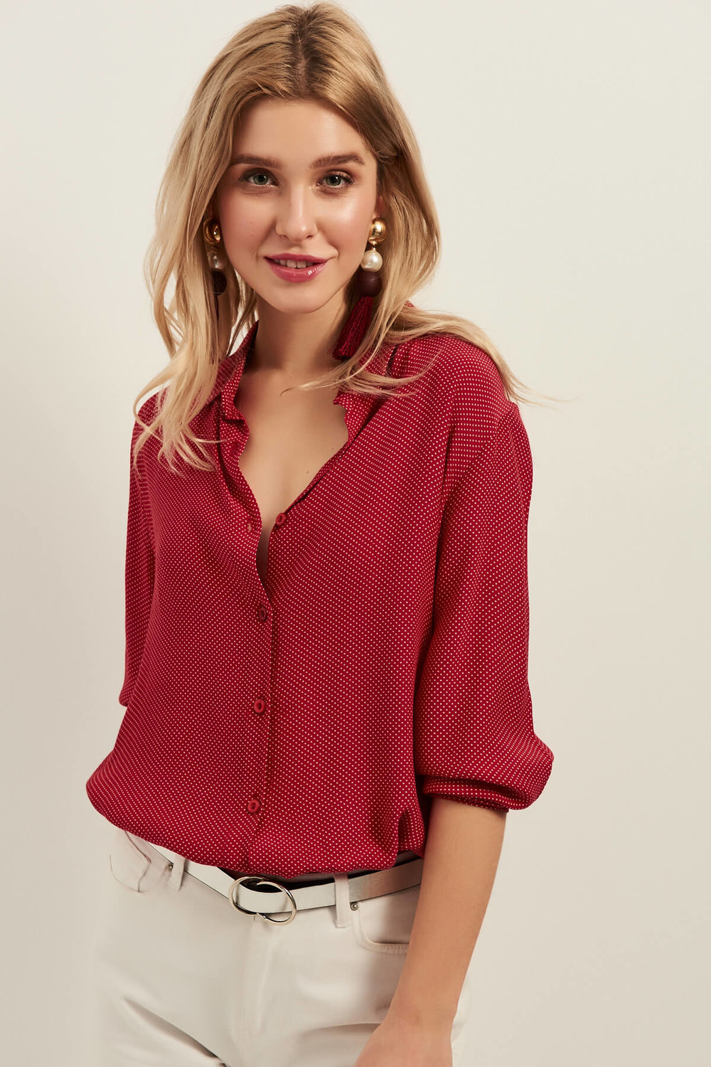 Olalook Women's Red Tiny Polka Dot Loose Viscose Shirt