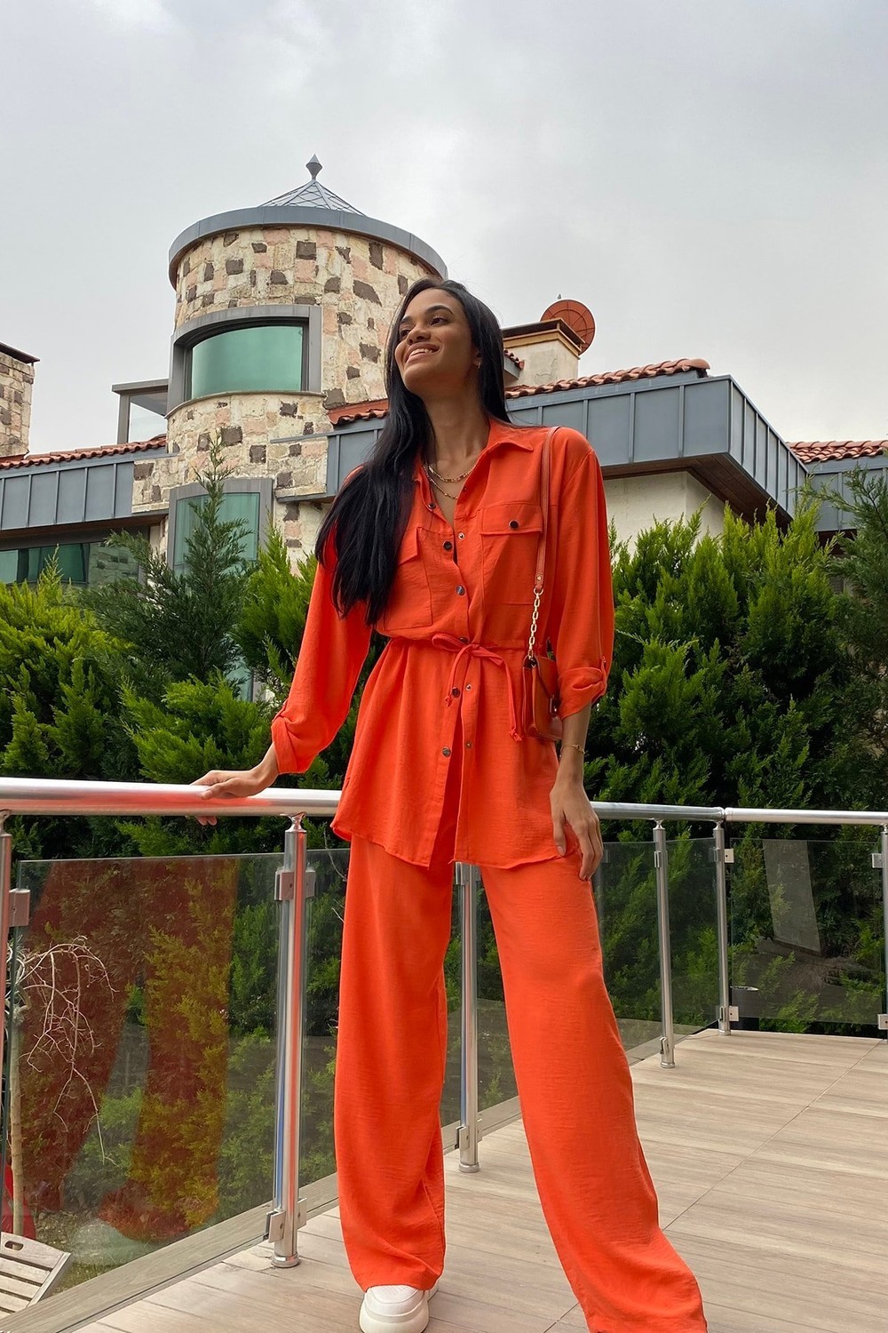 Trend Alaçatı Stili Women's Orange Double Pocket Safari Jacket and Elastic Waist Wide Leg Aerobin Pants Suit