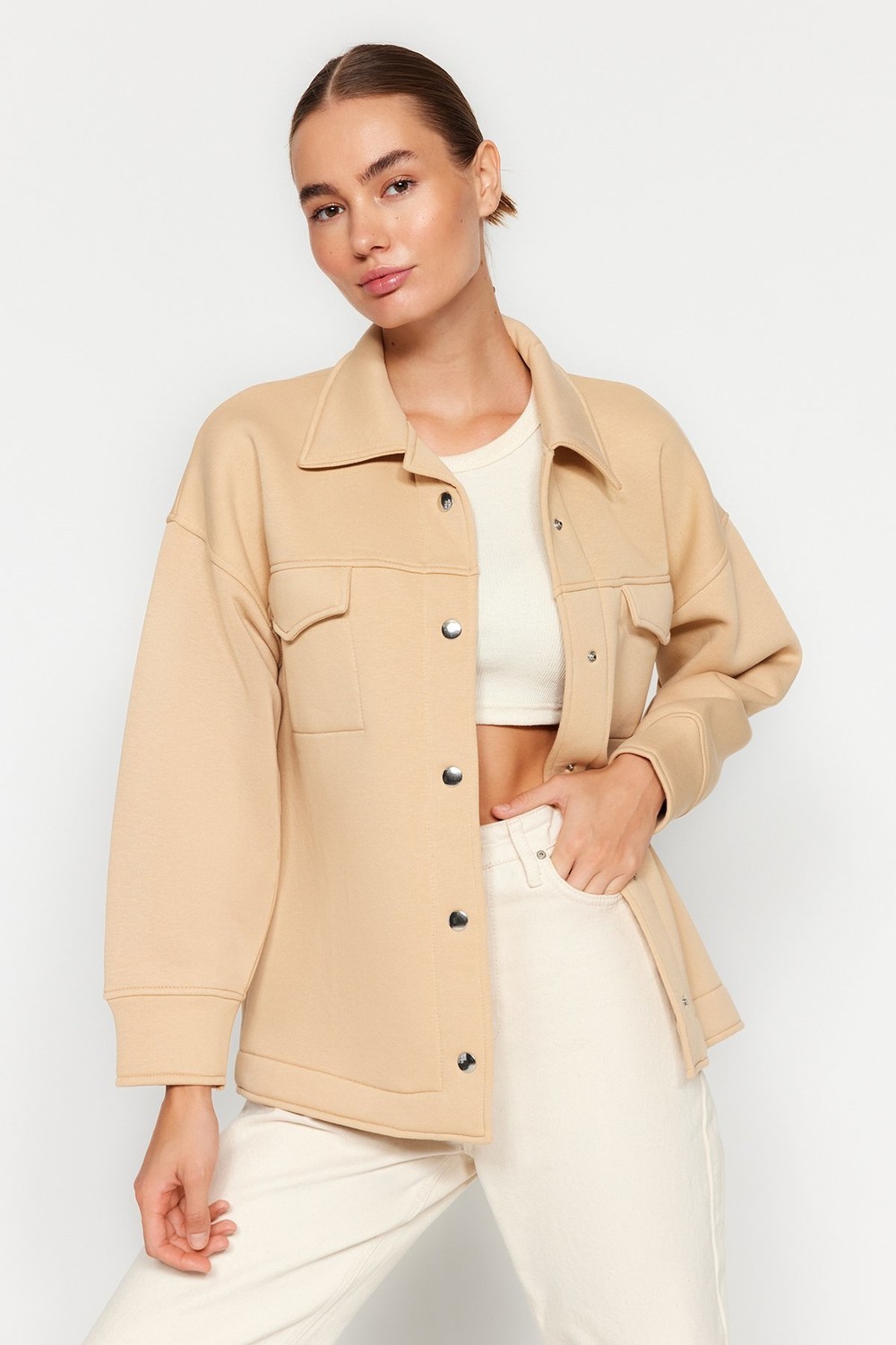 Trendyol Beige Oversize/Wide-Frame Polo Collar with Pockets and Buttons, Fleece Inner Knitted Jacket
