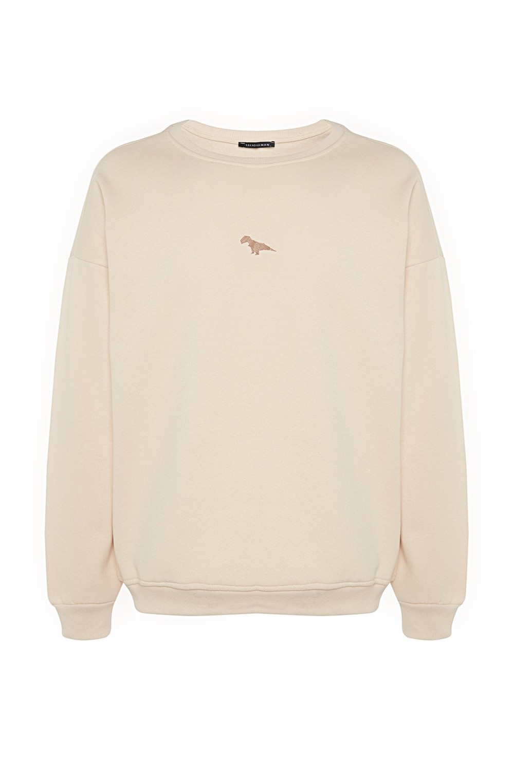 Trendyol Beige Men's Men's Oversize Crew Neck Soft Pillow Dinosaur Embroidery Sweatshirt.
