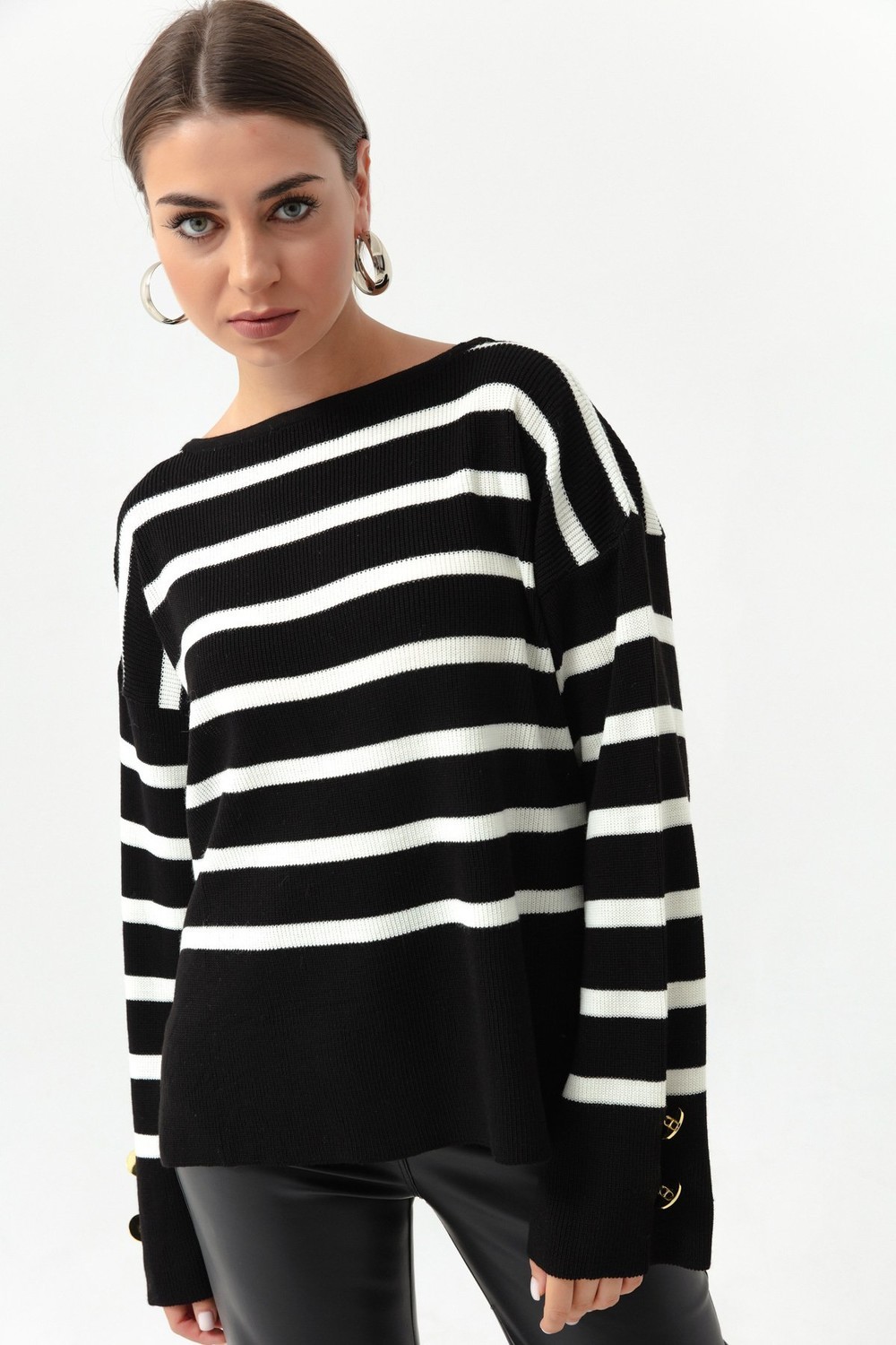 Lafaba Women's Black Bateau Neck Striped Knitwear Sweater