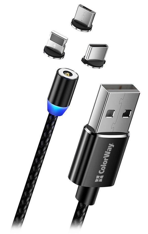 Colorway Nabíjací Kábel 3v1 Lightning+MicroUSB+USB-C/ Magnetic/ 2.4A/ Nylon/ 1m