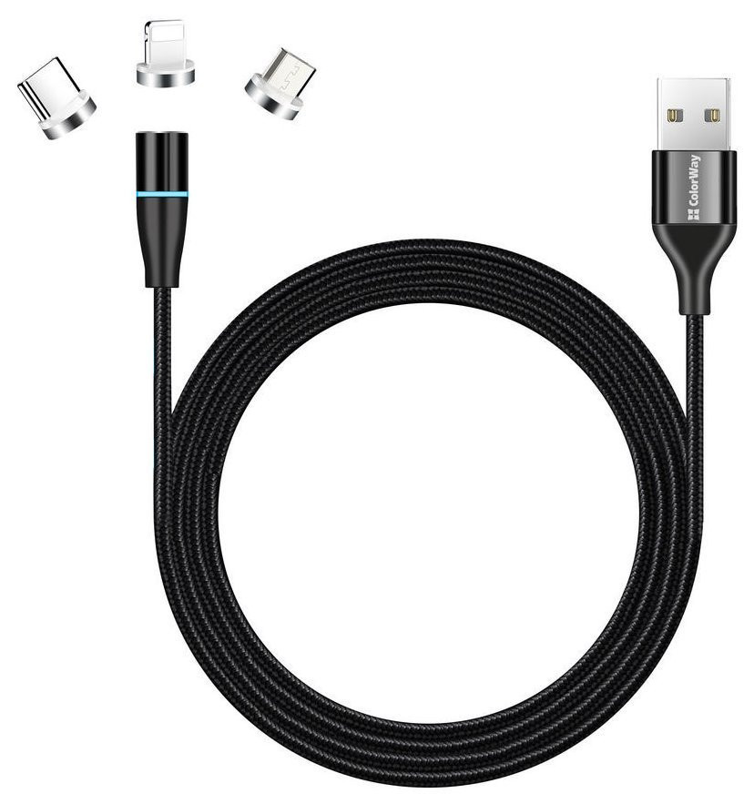 Colorway Nabíjací Kábel 3v1 Lightning+MicroUSB+USB-C/ Magnetic/ 2.4A/ Nylon/ Quick Charge 3.0/ 1m