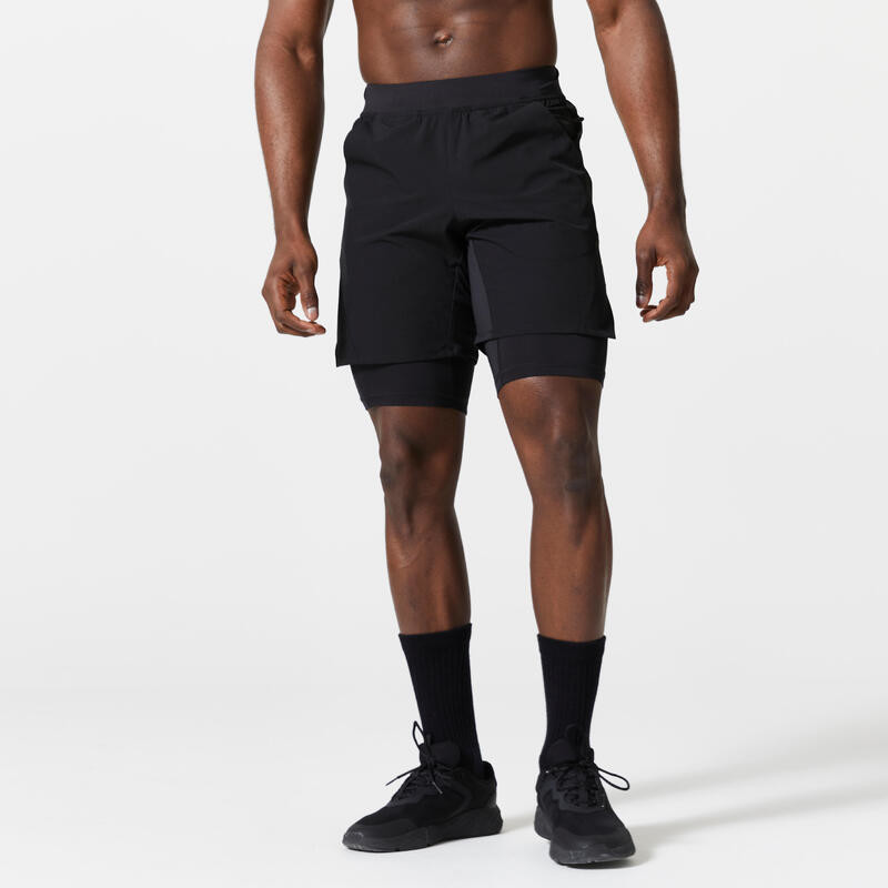 Pánske priedušné šortky 2 v 1 na fitness s vreckom na zips čierne